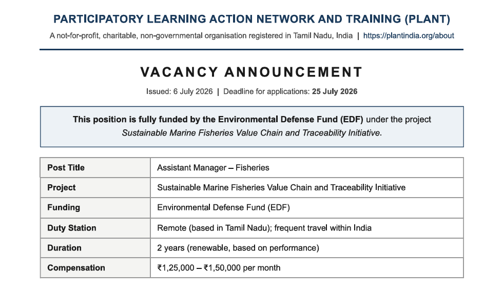 Vacancy Announcement - Assistant Manager - Fisheries